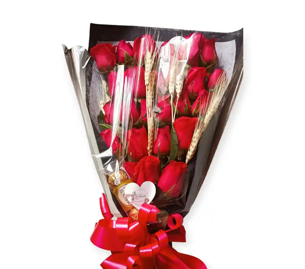 24 Rosas Rojas En Bouquet Y Chocolates Y Espiga
