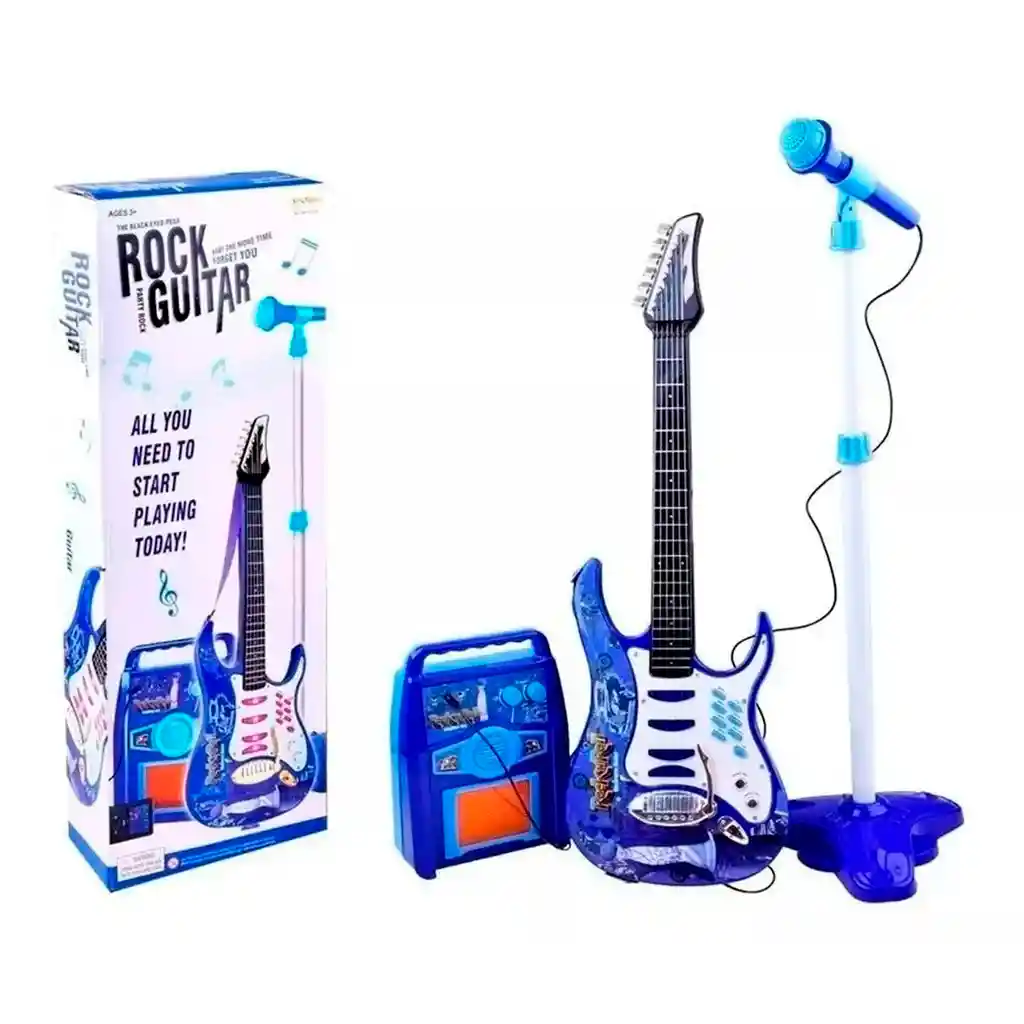 Guitarra Eléctrica De Juguete Micrófono Parlante Niños Rock Azul