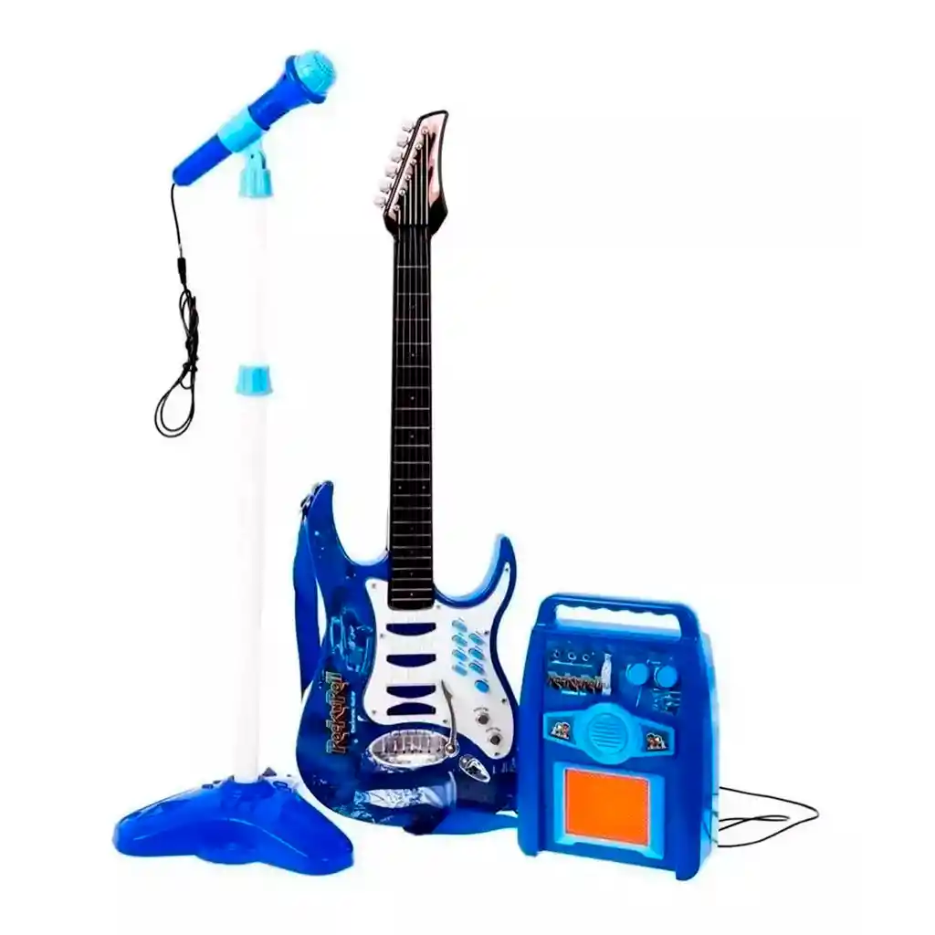 Guitarra Eléctrica De Juguete Micrófono Parlante Niños Rock Azul