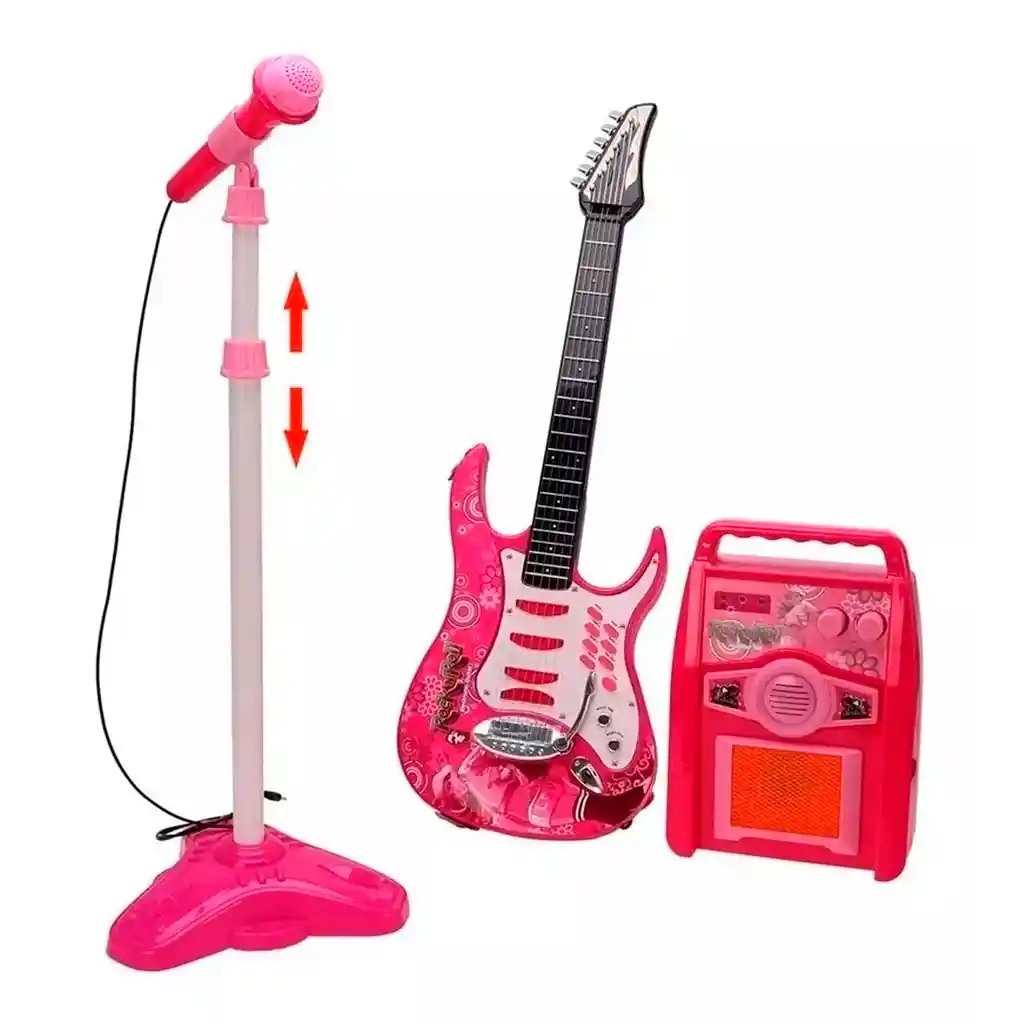 Guitarra Eléctrica De Juguete Micrófono Parlante Niños Rock Rosa