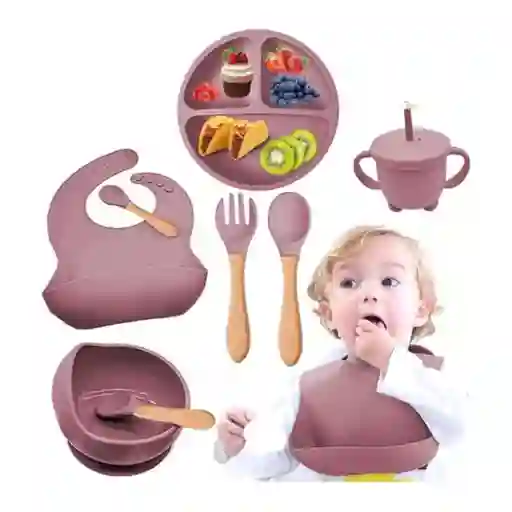 Set De Vajilla Silicona Para Bebés Platos Babero Y Cubiertos Color Rosa Oscuro