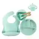 Set De Vajilla Silicona Para Bebés Platos Babero Y Cubiertos Color Verde Agua