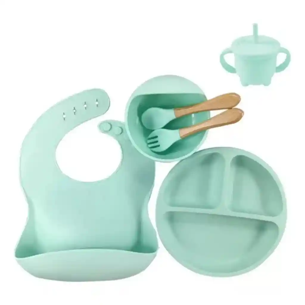 Set De Vajilla Silicona Para Bebés Platos Babero Y Cubiertos Color Verde Agua