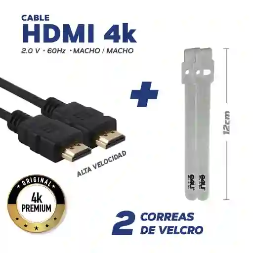 Cable Hdmi 4k 5 Metros + 2 Correas De Velcro