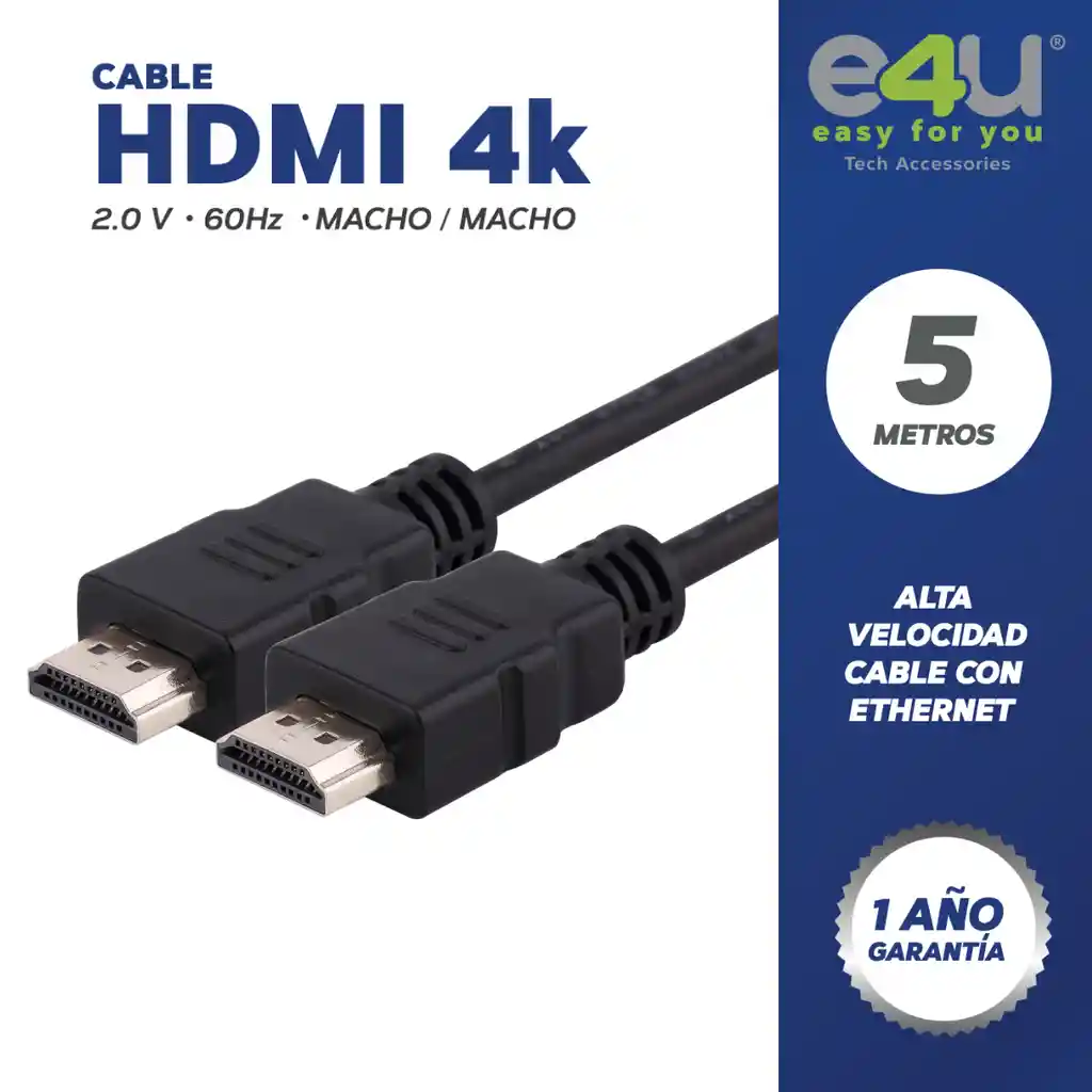 Cable Hdmi 4k 5 Metros + 2 Correas De Velcro