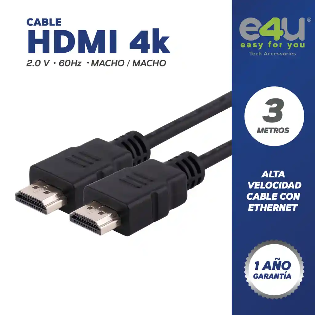 Cable Hdmi 4k 3 Metros + 2 Correas De Velcro