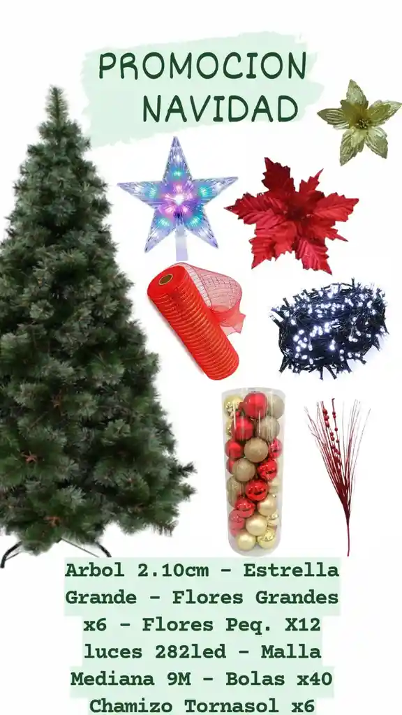 Combo De Navidad - Arbol, Luces, Flores, Estrella, Bolas, Chamizo Y Malla