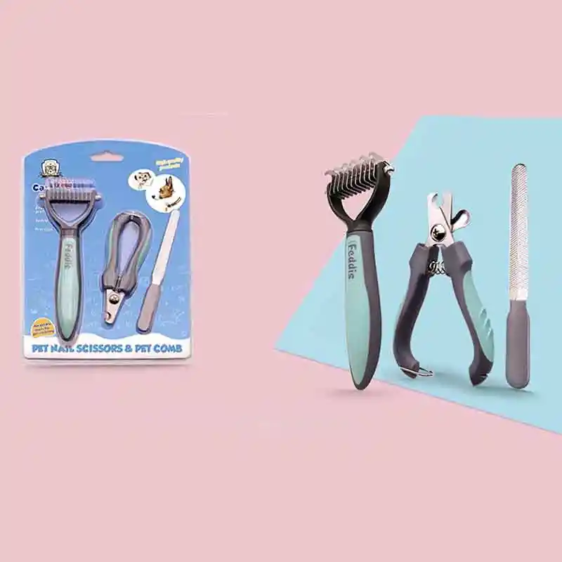 Kit Aseo Cepillo Quita Nudos + Corta Uñas + Lima Para Mascotas