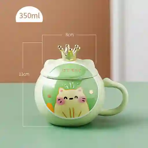 Mug Cute Cat Verde Con Cuchara De Corona