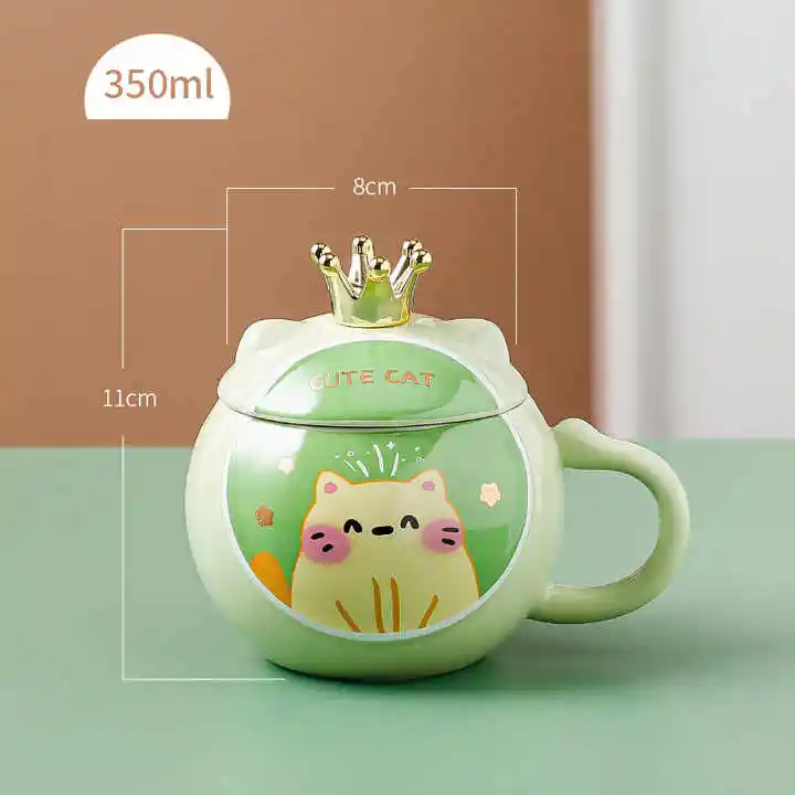 Mug Cute Cat Verde Con Cuchara De Corona