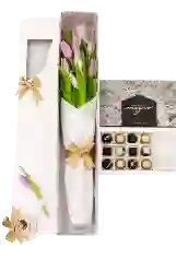 Caja Premium De Tulipanes Morados Con 12 Chocolates Gemas Lunares