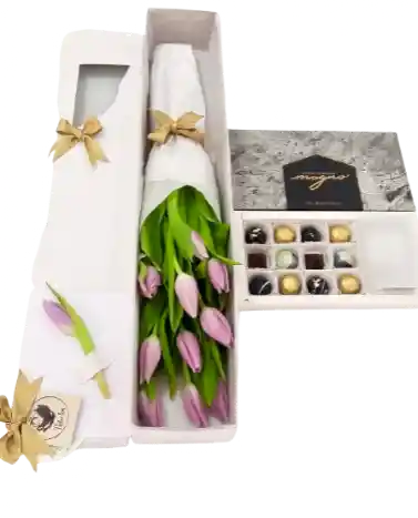 Caja Premium De Tulipanes Morados Con 12 Chocolates Gemas Lunares