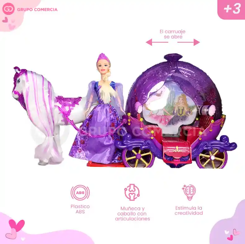 Muñeca Princesa Carruaje Ajustable Caballo Fantasy