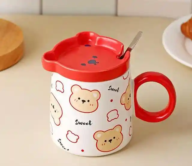 Mug Sweet En Cerámica De Osos Con Tapa Roja De Ositos