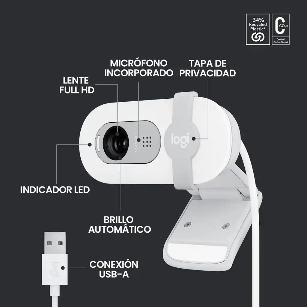 Logitech Brio 100, Webcam Full Hd 1080p, Tapa / Rightlight 2 Blanco