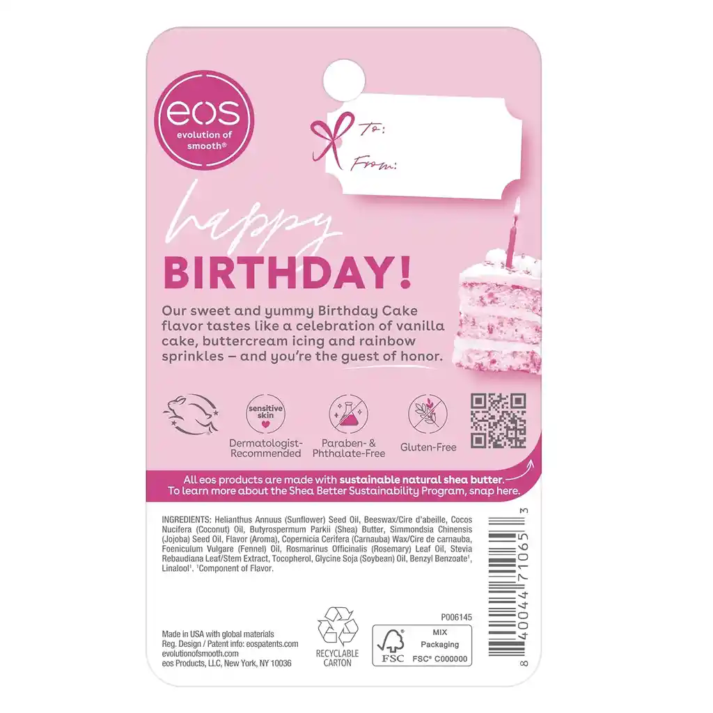 Eos Bálsamo Labial 100% Natural De Pastel De Cumpleaños Birthday Cake Para Hidratar Los Labios Secos 0,14oz (4g)