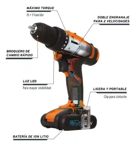 Taladro Inalambrico Bateria Ion Litio 20v 1/2 Truper