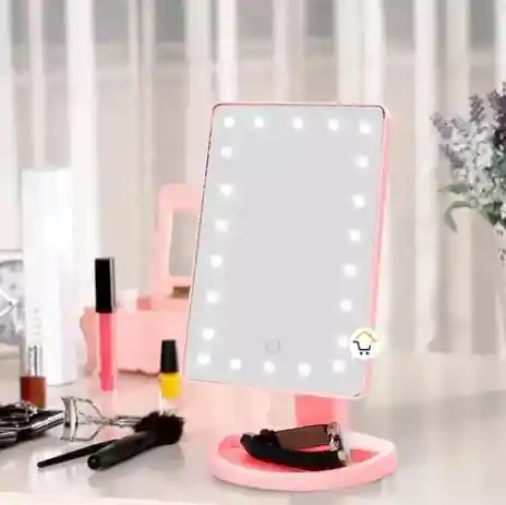 Espejo Con Luz Led Color Rosado Para Maquillaje Plegable Tactil