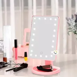 Espejo Con Luz Led Color Rosado Para Maquillaje Plegable Tactil