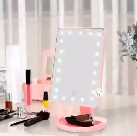 Espejo Con Luz Led Color Rosado Para Maquillaje Plegable Tactil