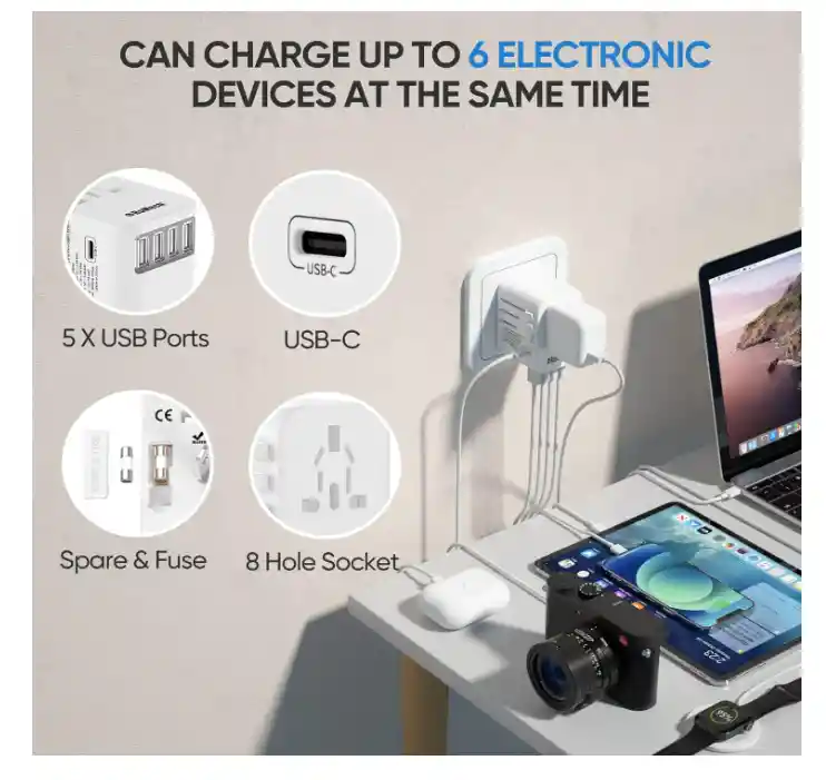 Adaptador Enchufes Viaje Europeo Universal Internacional 4 Usb A 1 Usb C