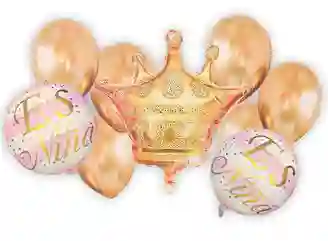 Bouquet Globos Metalizado Revelacion De Sexo Es Niña Dorado Y Rosado 9 Piezas