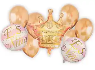 Bouquet Globos Metalizado Revelacion De Sexo Es Niña Dorado Y Rosado 9 Piezas