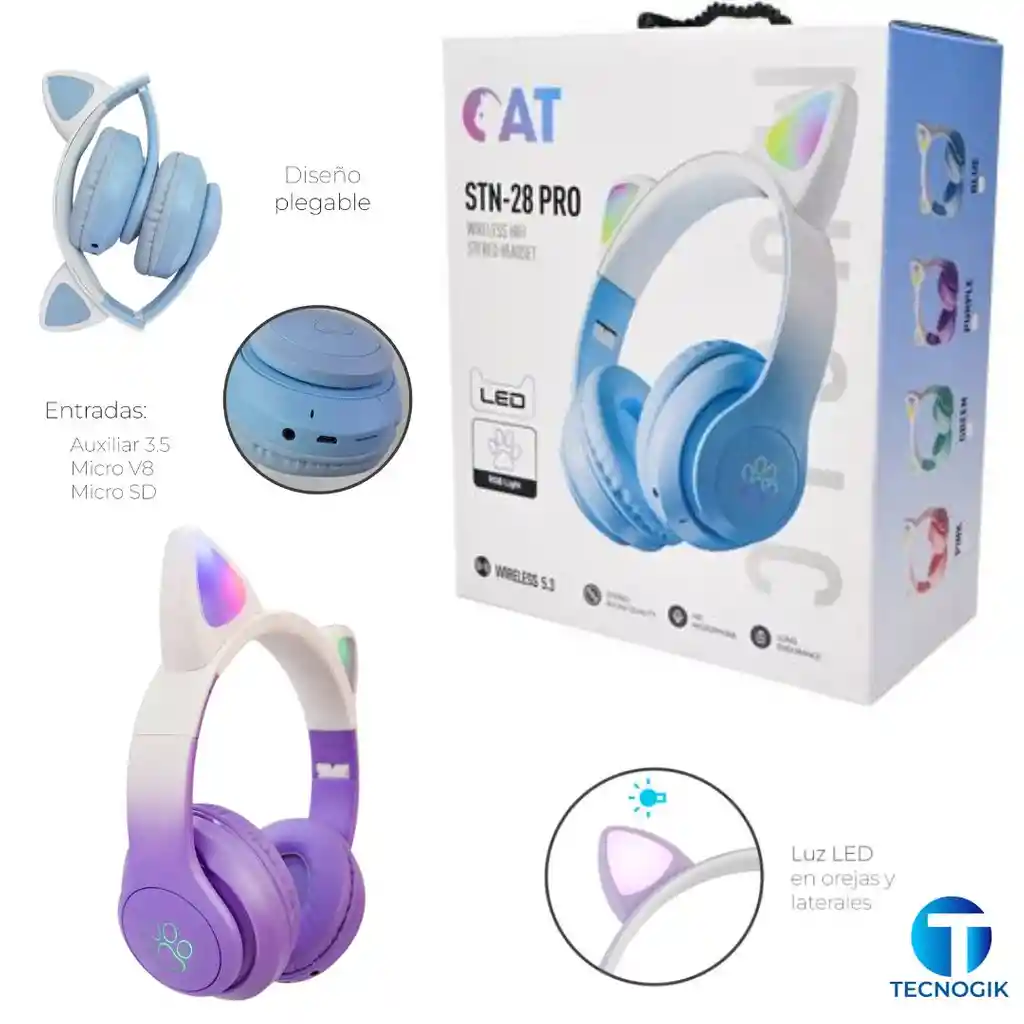 Audífonos Diadema Bluetooth Orejas De Gato-stn 28 Pro