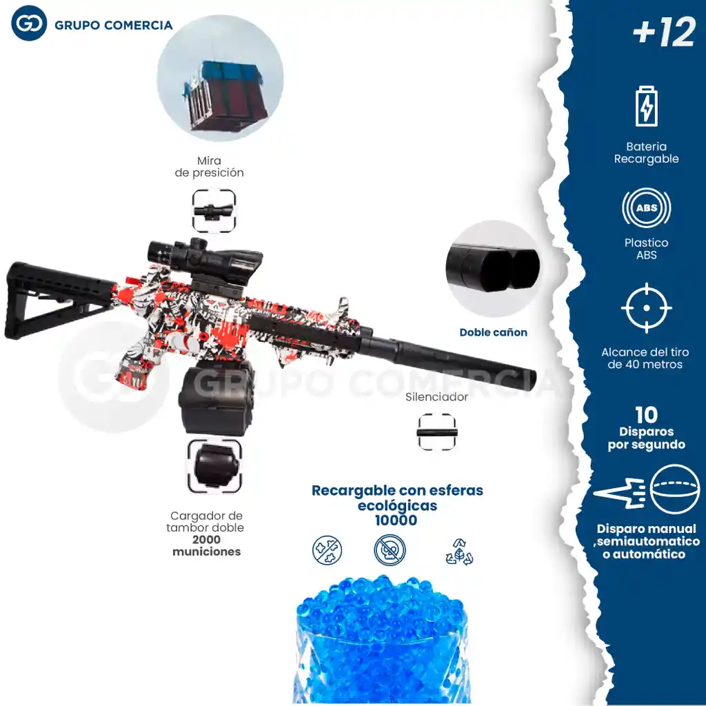 Pistola Recargable De Hidrogel Doble Cañón Y Tambor Munición
