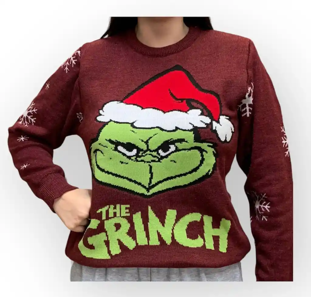 Saco Vinotinto De Grinch Navideño De Lana Para Adulto Tejido Navidad M/l