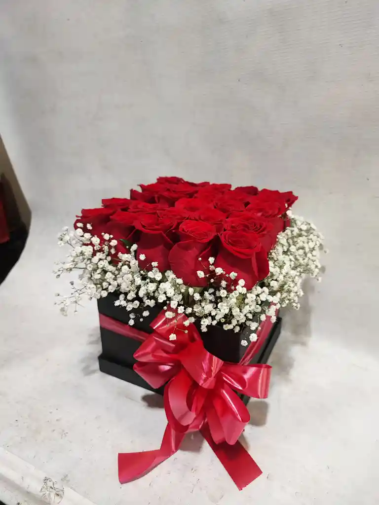 Caja De Rosas Roja Con Yipsophilia