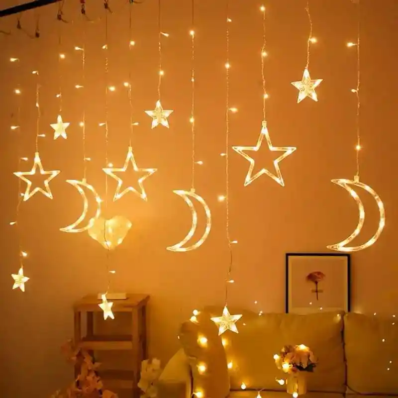 Navidad Luces Cortina Estrellas Y Lunas (luz Cálida)