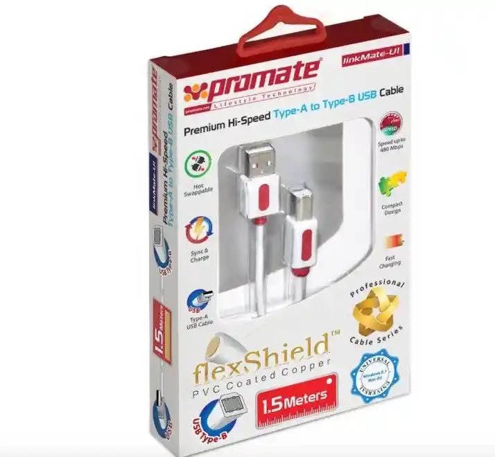 Cable Impresora Usb Promate 1.5 Metros En Blanco / Rojo