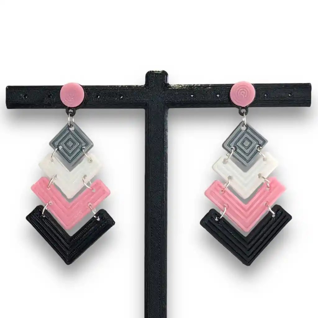 Aretes Triángulos Rosado Negro Y Gris