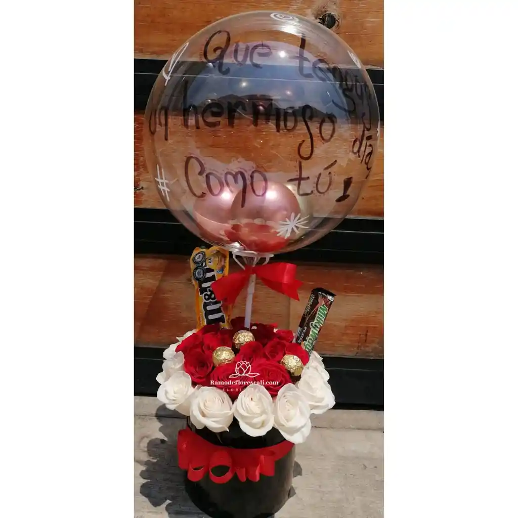 Cilindro De Rosas, Chocolate Y Globo