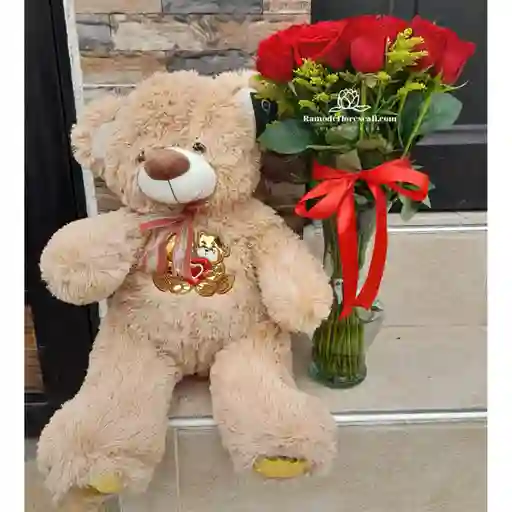 Jarron De Rosas Rojas Y Peluche
