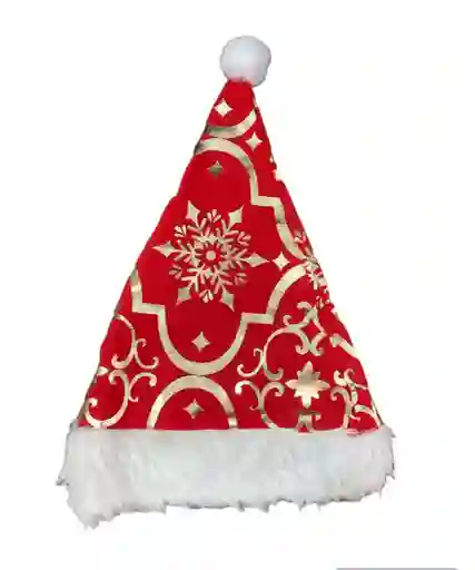 Gorro Navideño En Peluche De Papa Noel Rojo Con Blanco Figuras Doradas Navidad