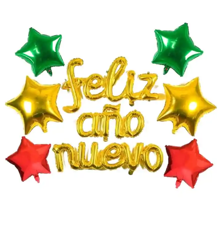 Globo Metalizado Frase Feliz Año Nuevo Letra Cursiva + 6 Estrellas