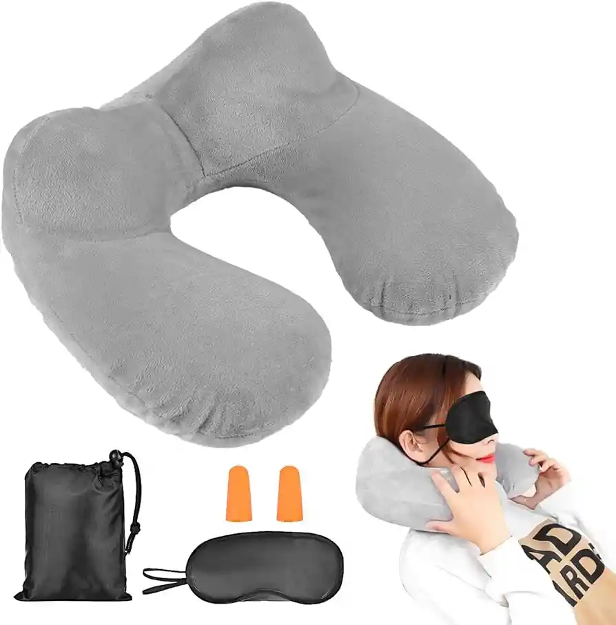 Combo Viajero Almohada Inflable Para El Cuello Mas Tapa Oidos Mas Tapa Ojos Y Bolsita