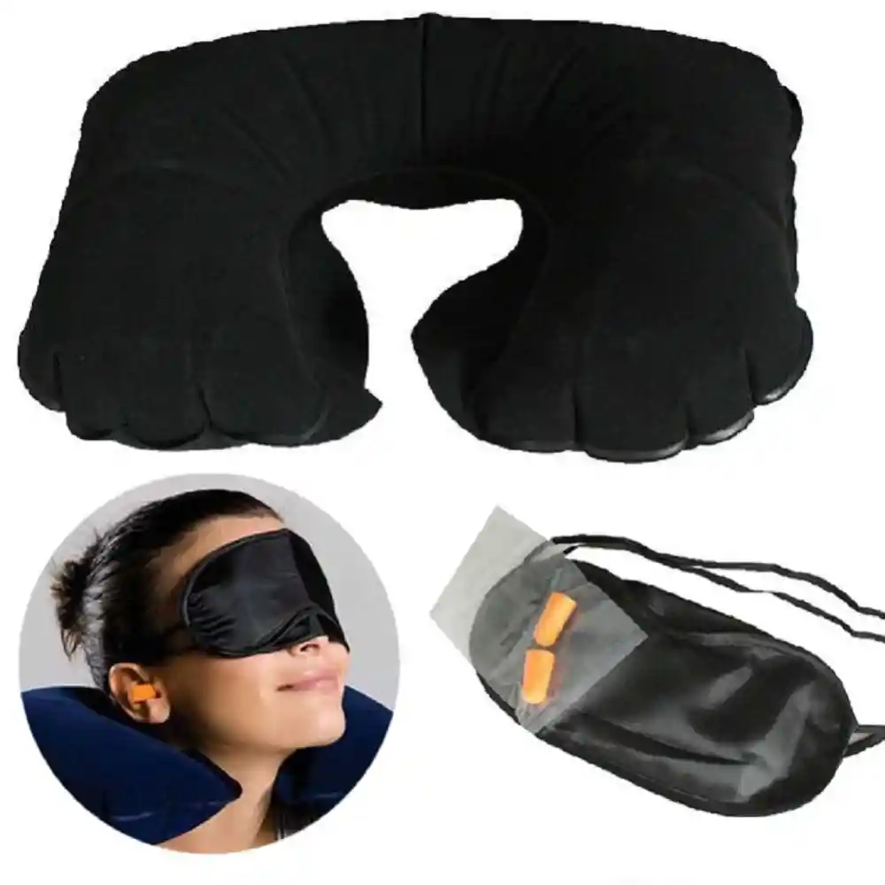Combo Viajero Almohada Inflable Para El Cuello Mas Tapa Oidos Mas Tapa Ojos Y Bolsita