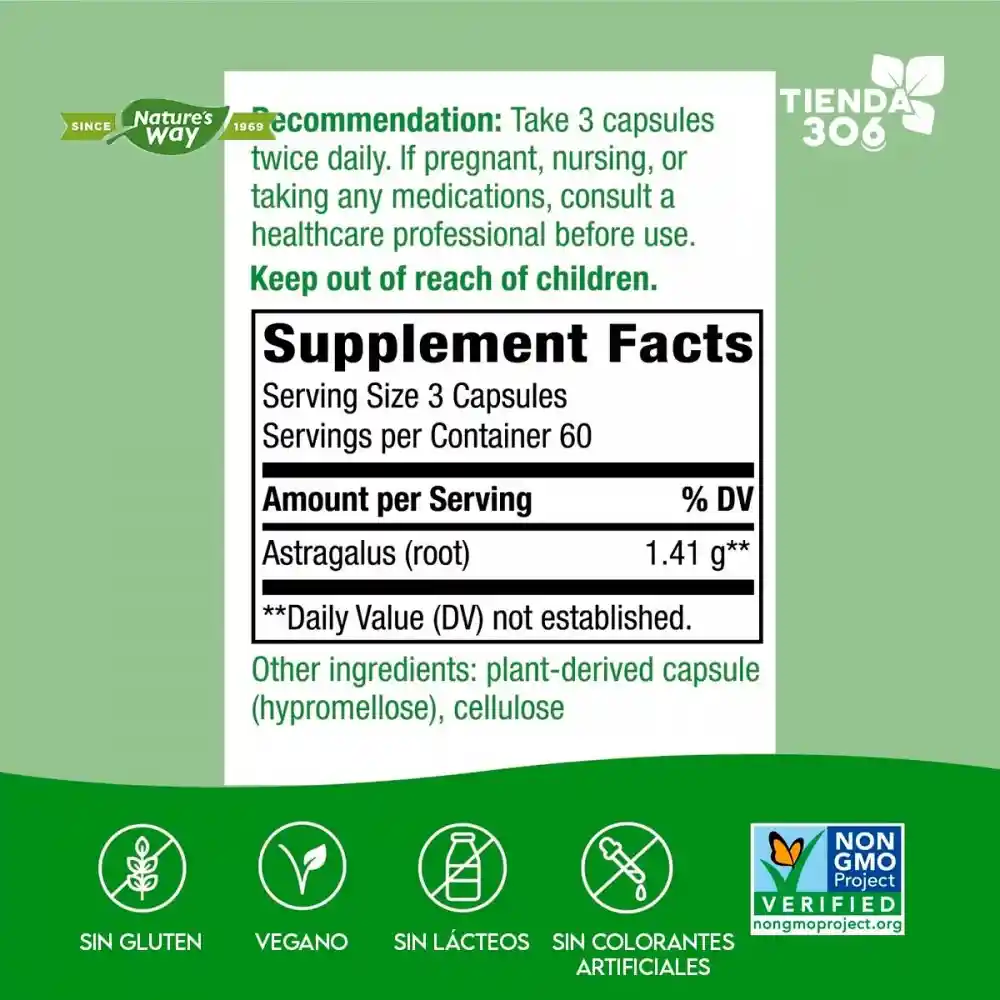 Nature's Way Astragalus Soporte Inmune 1.410 Mg Por Servicio 180 Cápsulas Veganas