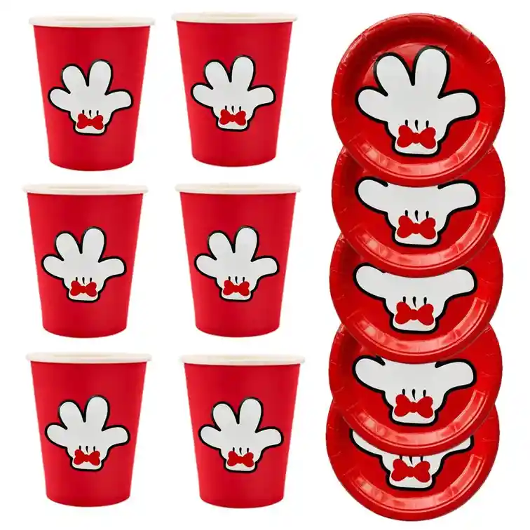 Set 6 Platos Torta + 6 Vasos Desechables Cartón Mickey Mouse