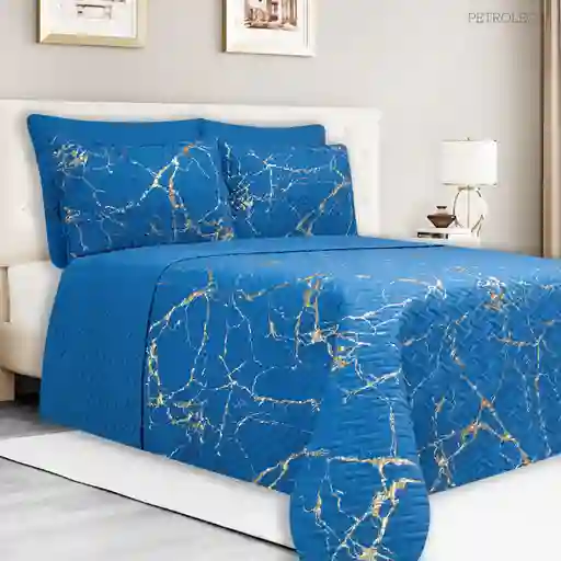 Colcha Gaudi Microfibra Doble Faz Unicolor Azul Petróleo Para Cama Queen Efecto Dorado.