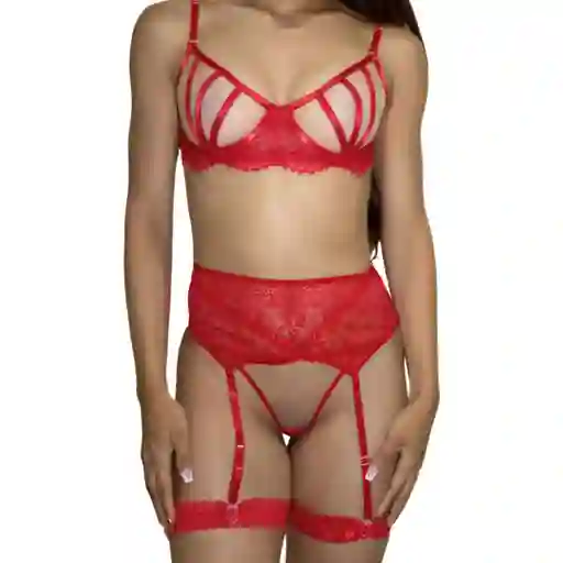 Conjunto De Lencería Extasis Rojo Con Liguero Talla S