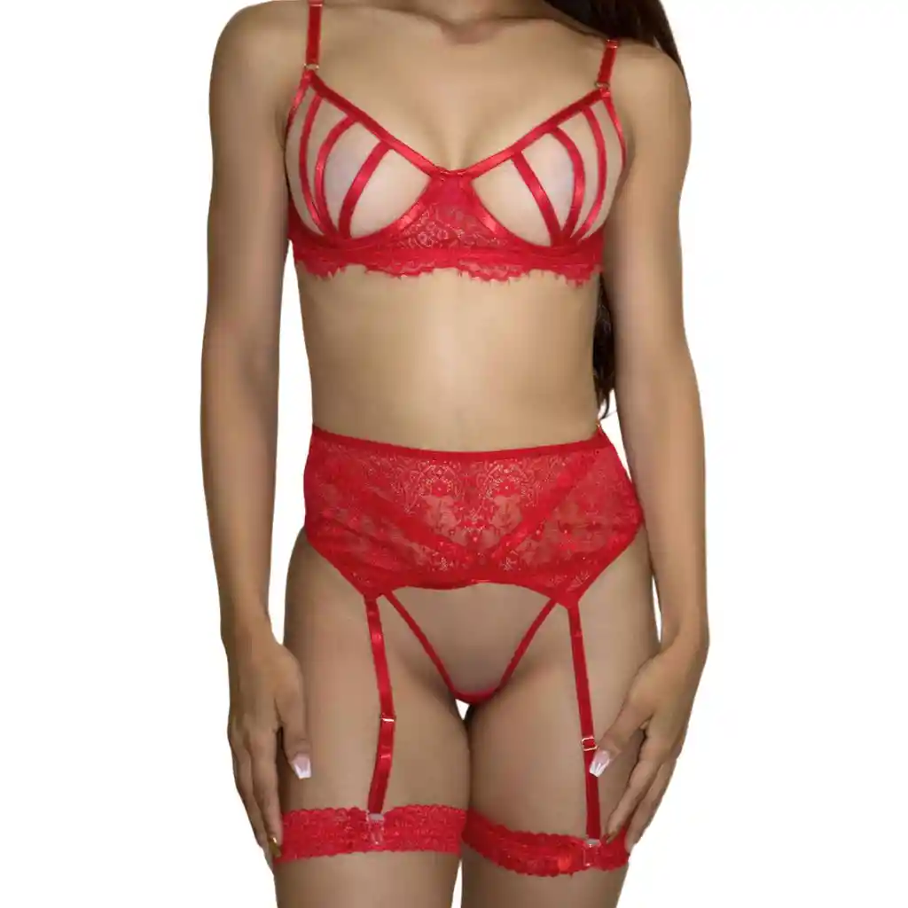 Conjunto De Lencería Extasis Rojo Con Liguero Talla S