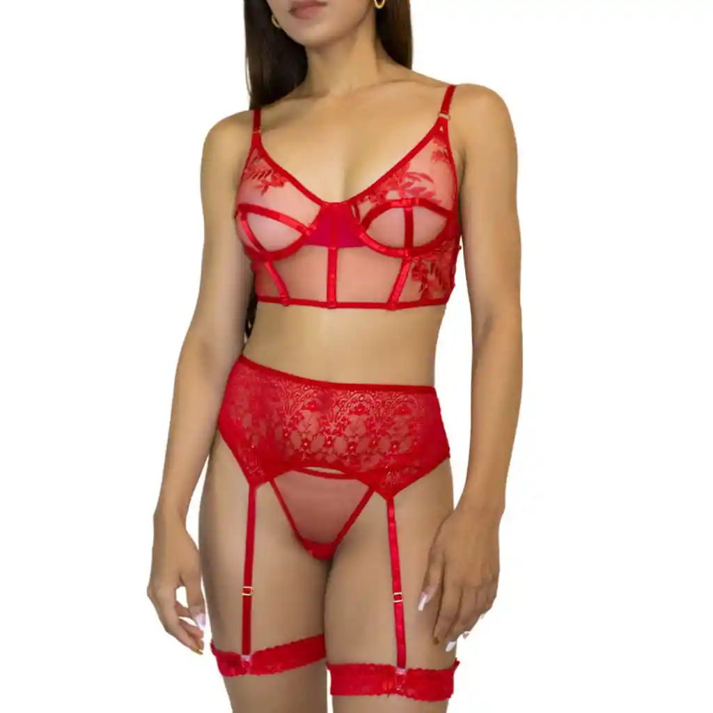 Conjunto De Lencería Euforia Rojo Con Liguero Talla S