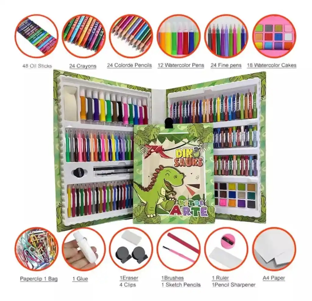 Set Kit Arte Dibujo Para Niños Dinosaurios 208 Piezas
