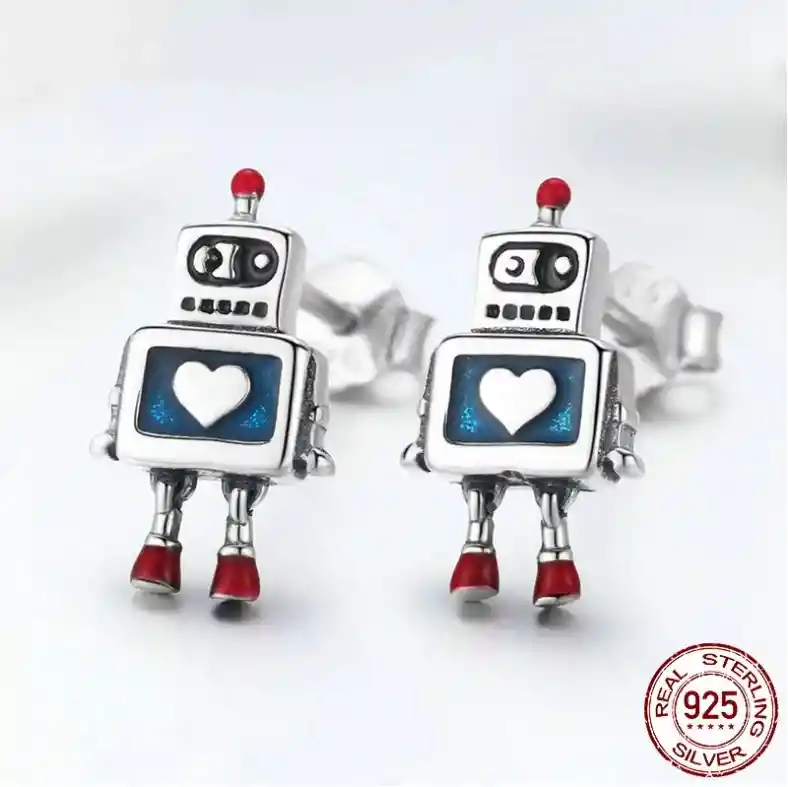 Aretes Topos Para Mujer Robot Fabricados En Plata 925