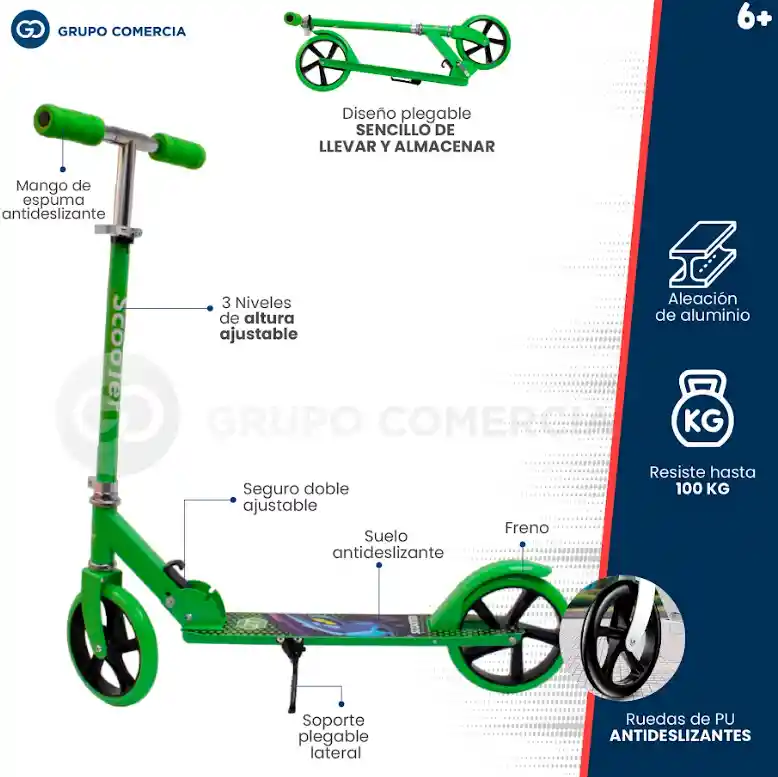 Monopatin Patineta Scooter Plegable Llanta Grade Verde