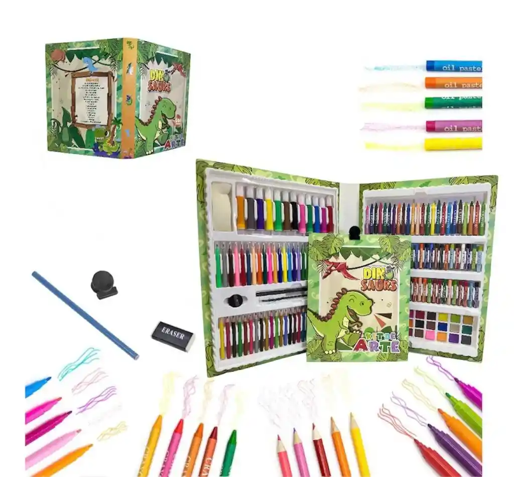Set Maleta 208 Pzs Arte Niños Dinosabrio Color Crayon Pintura